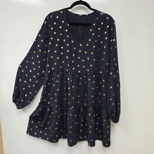 Honeyme Curvy Dress Womens XL Blue Leaf Print Tiered Swing Long Sleeve V Neck